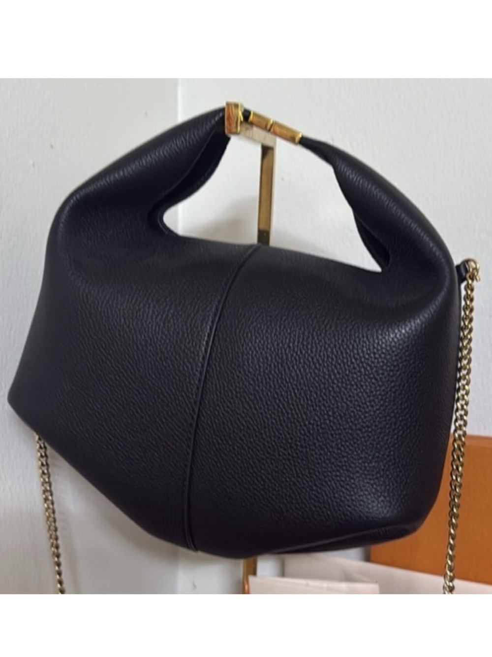 Authentic Polene Black Leather Crossbody Bag with Gold Chain